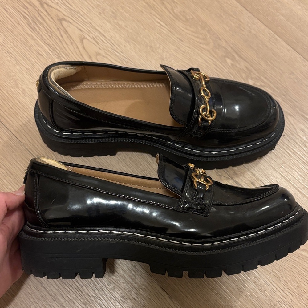 Sam Edelman Black Patent Leather Platform Loafers with Gold Chain